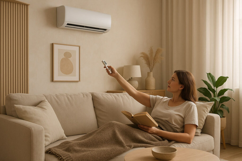 Ogrzewanie klimatyzatorem - kobieta leżąca na sofie i ustawiająca temperaturę pracy klimatyzatora zdalnie, za pomocą pilota.