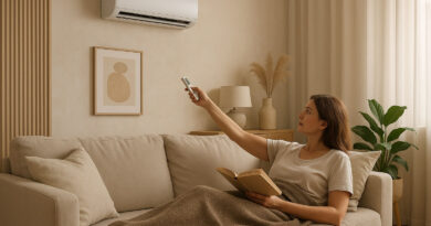 Ile kosztuje ogrzewanie klimatyzatorem i czy jest opłacalne? Kobieta leżąca na sofie z pilotem w ręku do klimatyzatora.