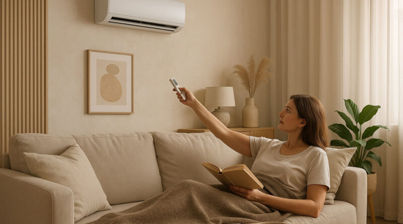 Kobieta leżąca na sofie z pilotem w ręku do klimatyzatora.