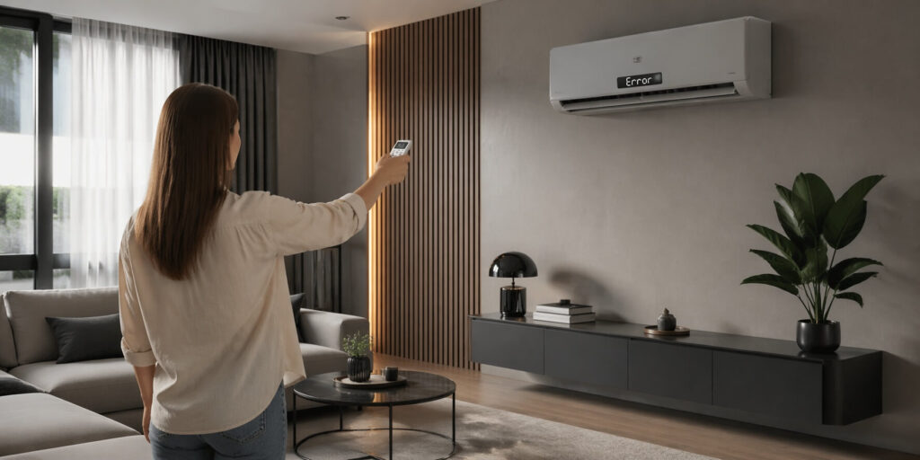 Kobieta stojąca przed klimatyzatorem, który ma awarię (wyświetla napis error).
