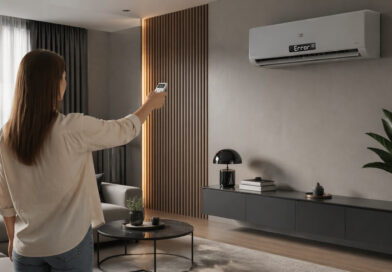 Kobieta stojąca przed klimatyzatorem, który ma awarię (wyświetla napis error).