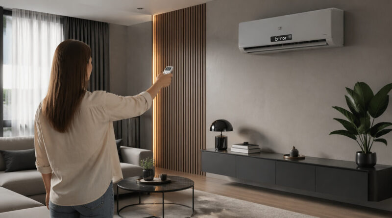 Kobieta stojąca przed klimatyzatorem, który ma awarię (wyświetla napis error).