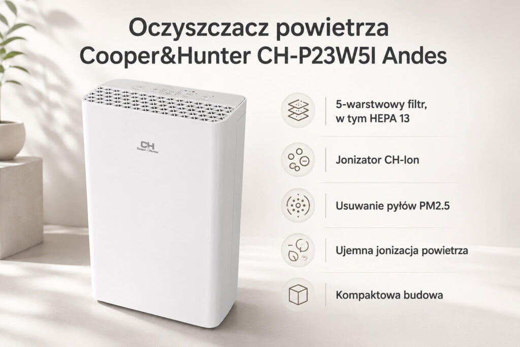 Oczyszczacz powietrza Cooper&Hunter CH‐P23W5I Andes w białym kolorze z jonizatorem powietrza.